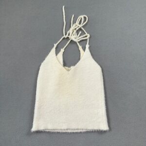 Red Berry Women Knit Halter Top S Fuzzy Ivory Sleeveless Australia Soft Back Tie